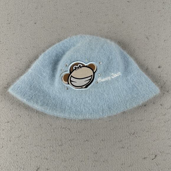 Y2K Bobby‎ Jack Girls Fuzzy Angora Beanie Hat Blue Monkey Embroidered Knit Retro - Picture 1 of 14